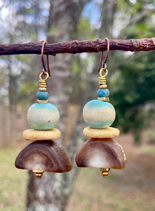 Boho Cloud Dancer Gemstone Bracelet – Amazonite, Pastel Ceramic Beads & Brass