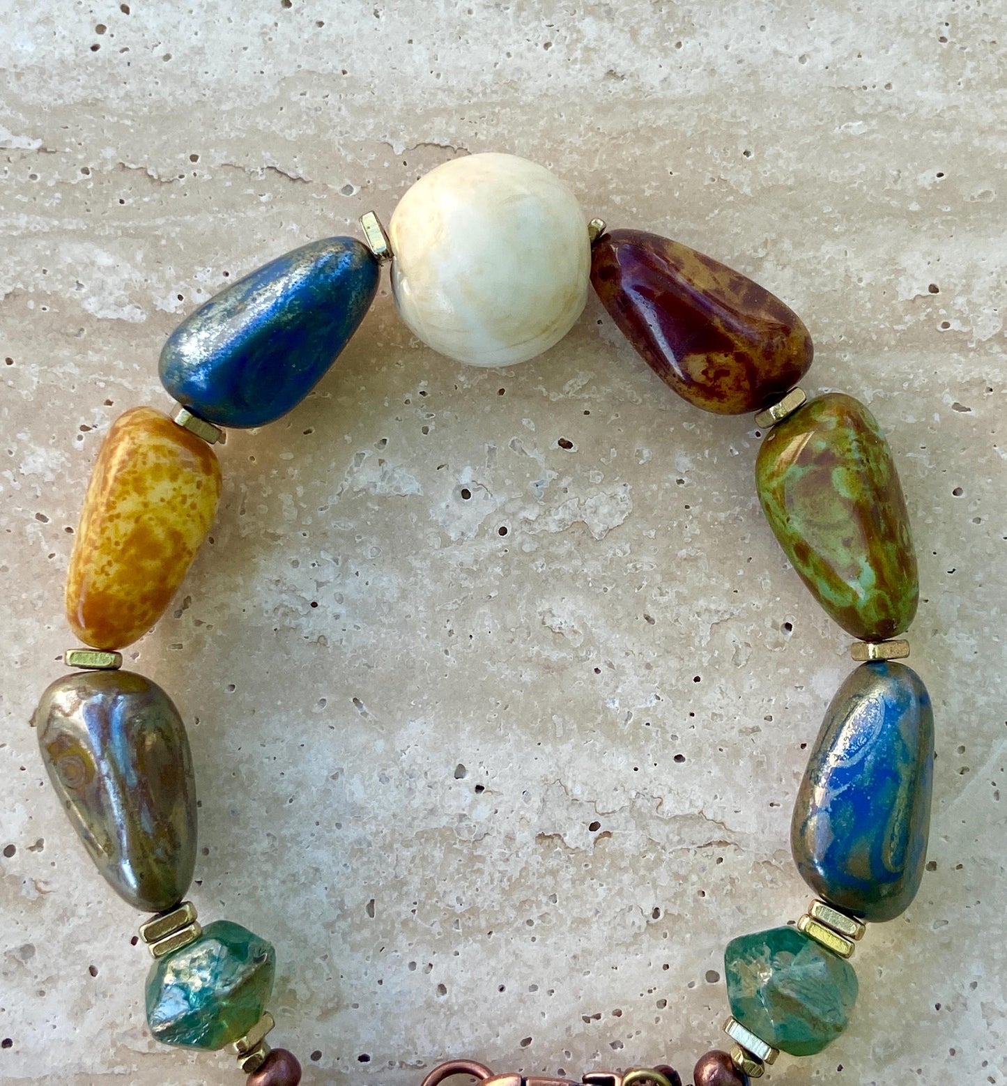 Boho Picasso Czech Nugget and Naga Shell Bracelet