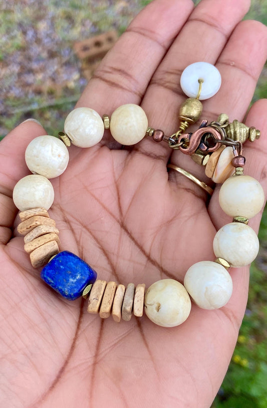 Beach Inspired Bracelet: Naga Conch Shell, Tan Coconut Wood and Lapis Gemstone Focal