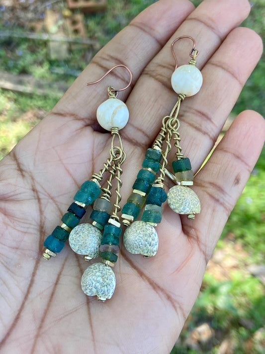 Coastal Vibes Earrings • Naga Conch Shell + Roman Glass + Sea Spiral Shell