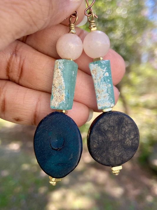 Geometric Natural Horn and Aventurine Gemstone Bead Earrings