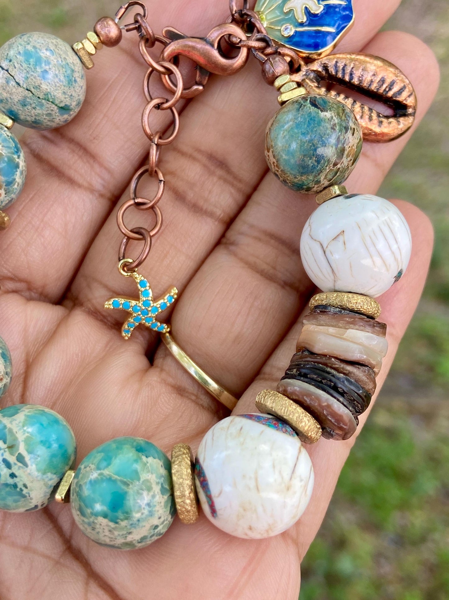 Boho Mixed Media Bracelet: Inlaid Naga Conch Shell, Turquoise Impression Jasper