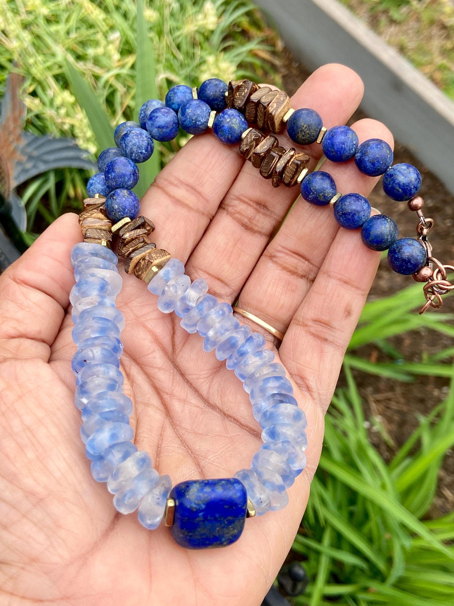 Ocean Waves Recycled Glass Necklace: Blue Mist, Lapis, Coconut Wood Beads
