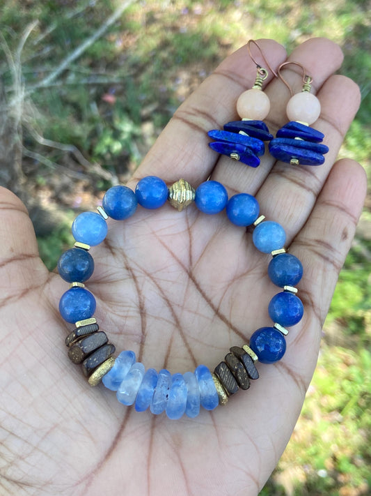 Blue Aventurine and Recycled Glass Bracelet| Coconut Wood and Brass Spacers|Boho Artisian Jewelry