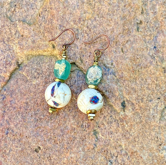 Costal and Beachy Boho Earrings • Inlaid Naga Conch • Roman Glass •