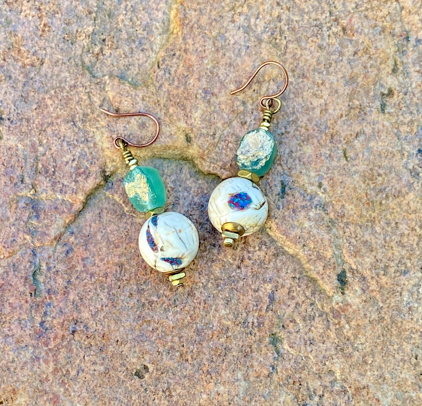Costal and Beachy Boho Earrings • Inlaid Naga Conch • Roman Glass •