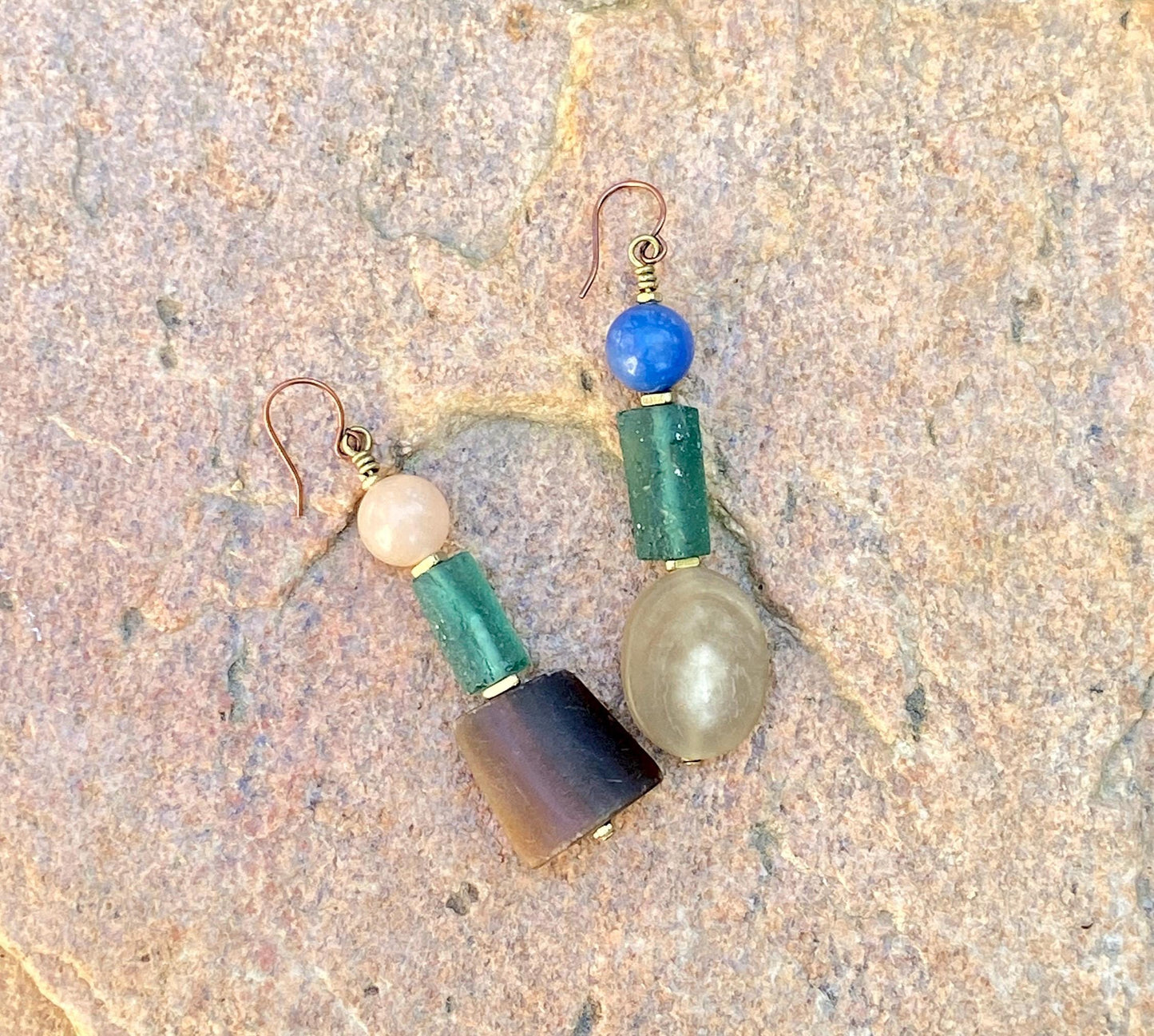 Geometric Natural Horn, Roman Glass and Aventurine Gemstone Bead Earrings