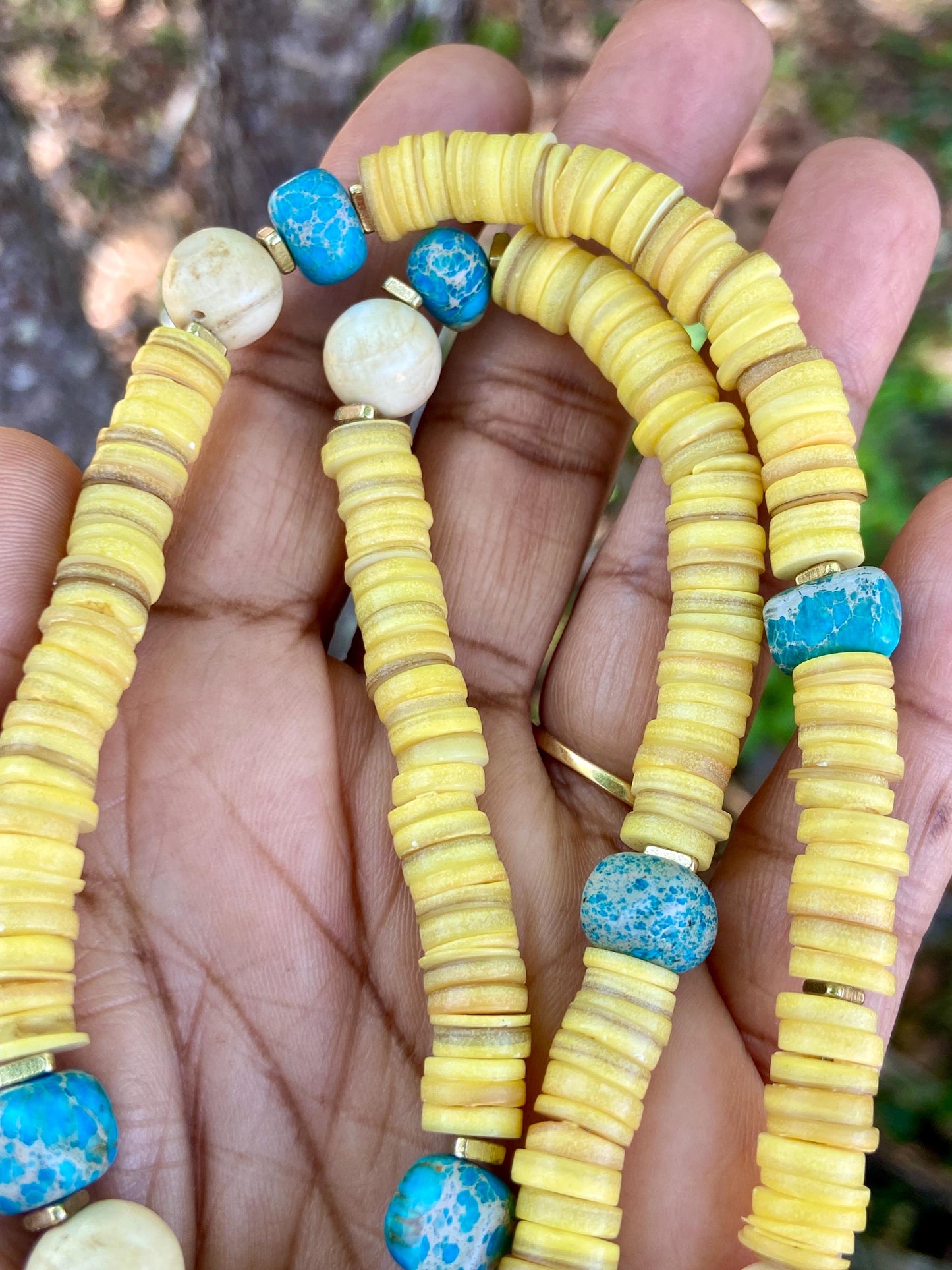 Yellow Shell Heishi • Aqua Sediment Jasper • Vintage Naga Shell • Buffalo Tooth Pendant Necklace