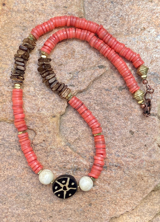 Pink Rose Shell Heishi • Square Coconut Wood • Vintage Naga Shell Necklace