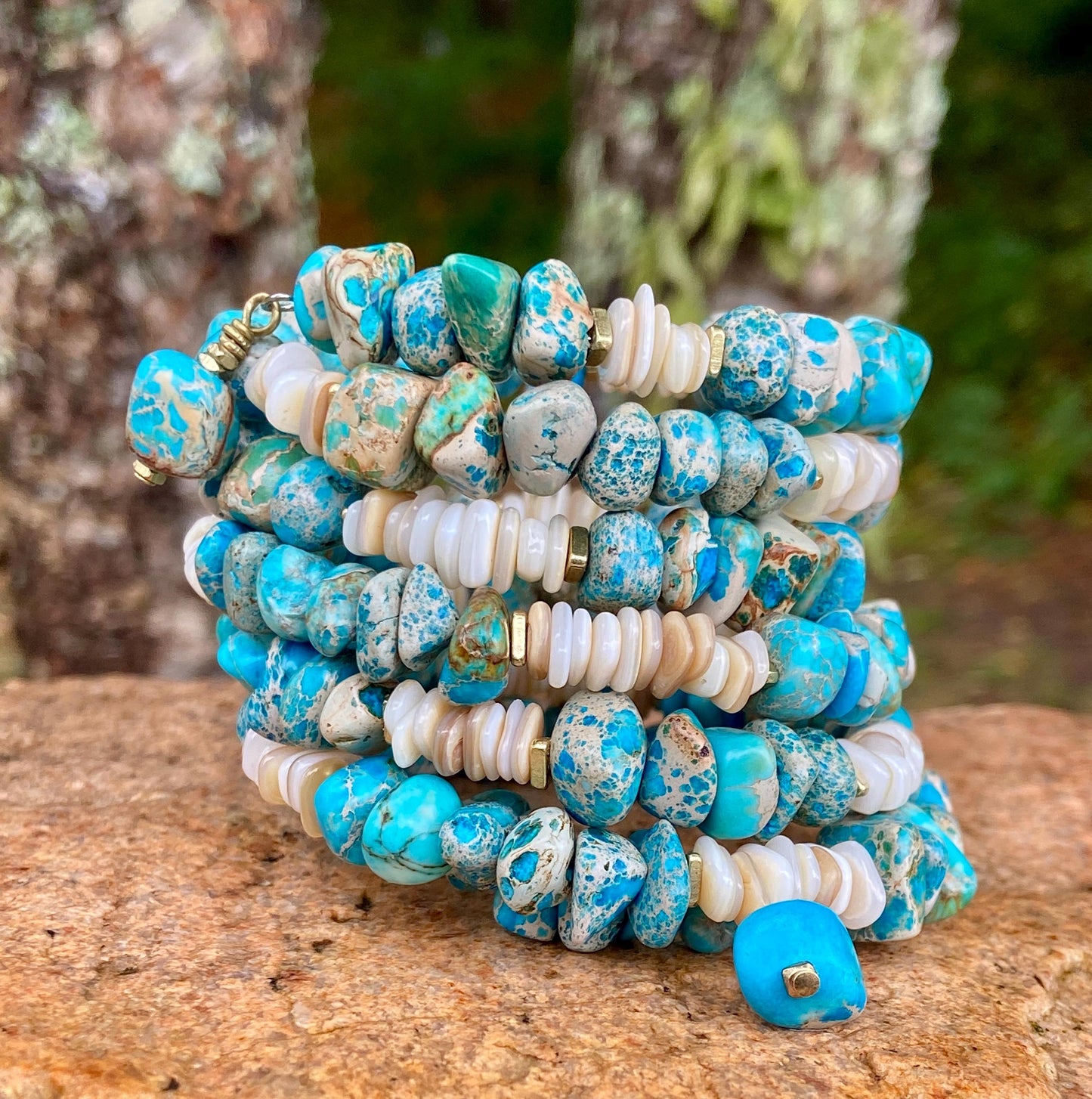 Blue Aqua Jasper Shell Memory Wire Bracelet • Boho Beach Jewelry (Wrap Bangle)