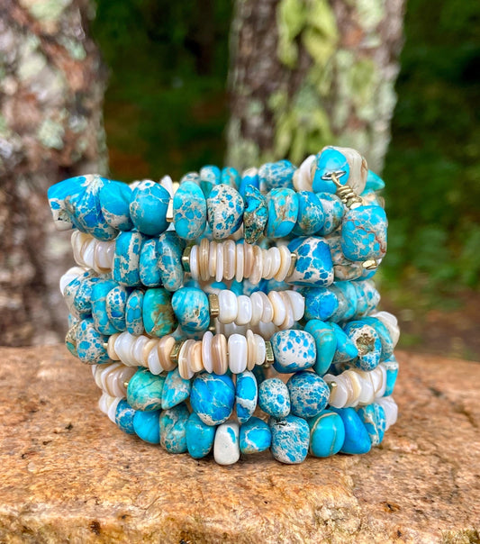 Blue Aqua Jasper Shell Memory Wire Bracelet • Boho Beach Jewelry (Wrap Bangle)