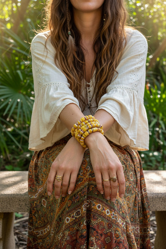 Sunshine Yellow Chevron & Shell Heishi Memory Wire Bangle – Bright, Happy, Sunflower Vibes