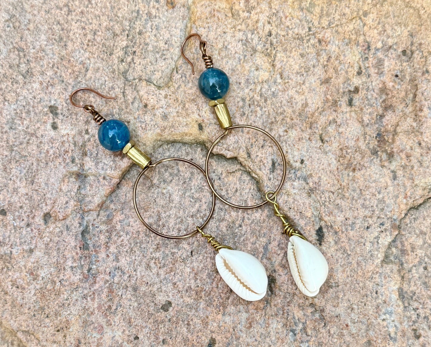 Bold Apatite Hoop Earrings • Cowrie Shell Charms • Fun Unique Beach Jewelry