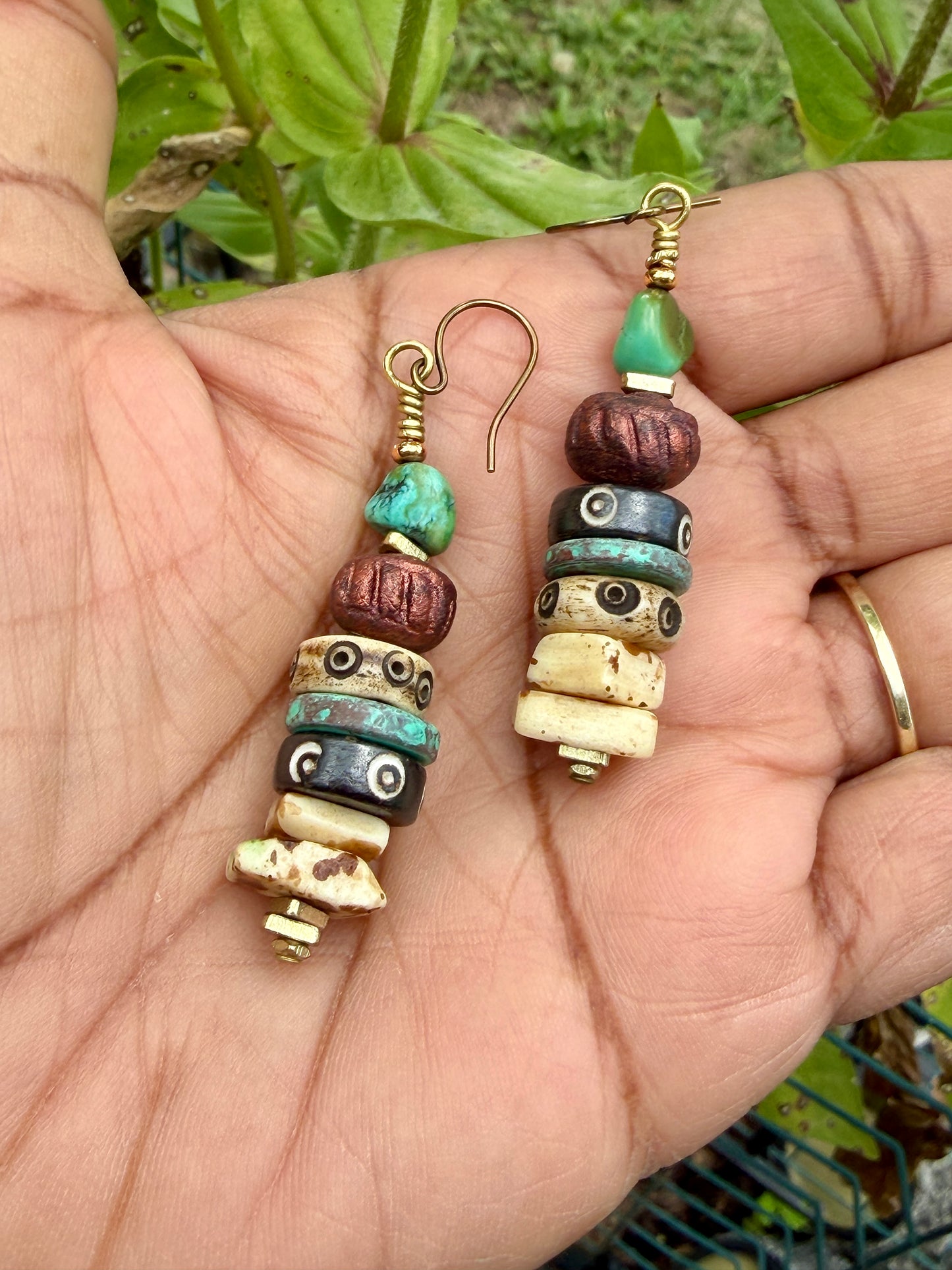 Mixed Media Earrings • Carved Bone, Turquoise Nuggets, Stoneware Clay • Square Bone Beads • Autumn Inspired Nature Lover Jewelry