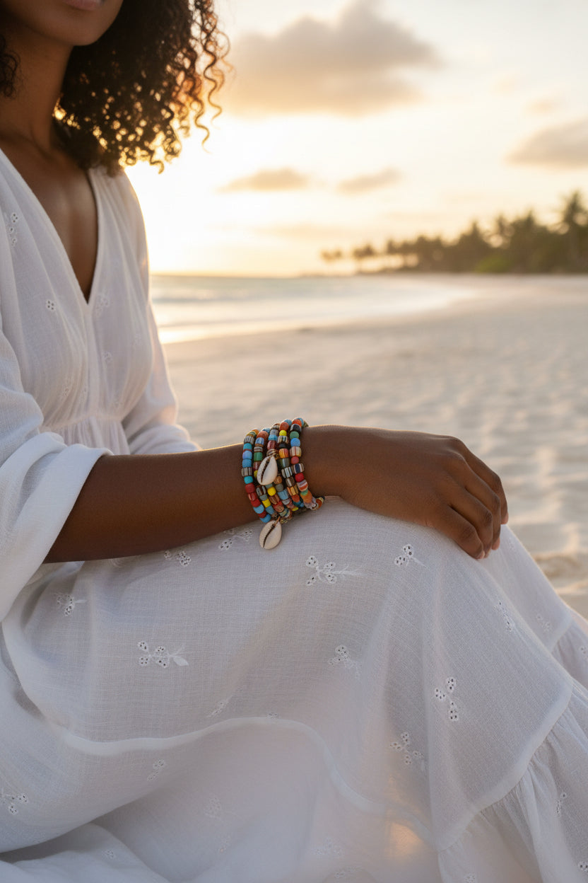 Rainbow Medley Stripe Java Gooseberry Bead Memory Wire Bangle
