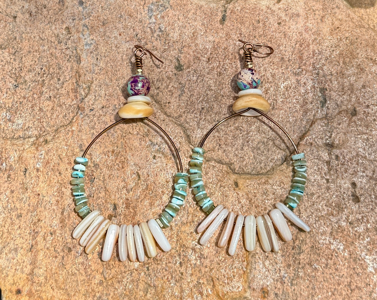 Sea Green Turbo Shell & Honey Shell Hoop Earrings • Natural Mussel Shell • Irregular Heishi • Sediment Jasper • Coastal Fall Vibes