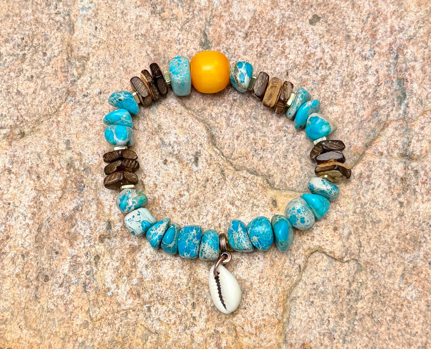 Yellow Kenya Amber Resin Focal– Aqua Sediment Jasper– Coastal Boho Stretch Jewelry