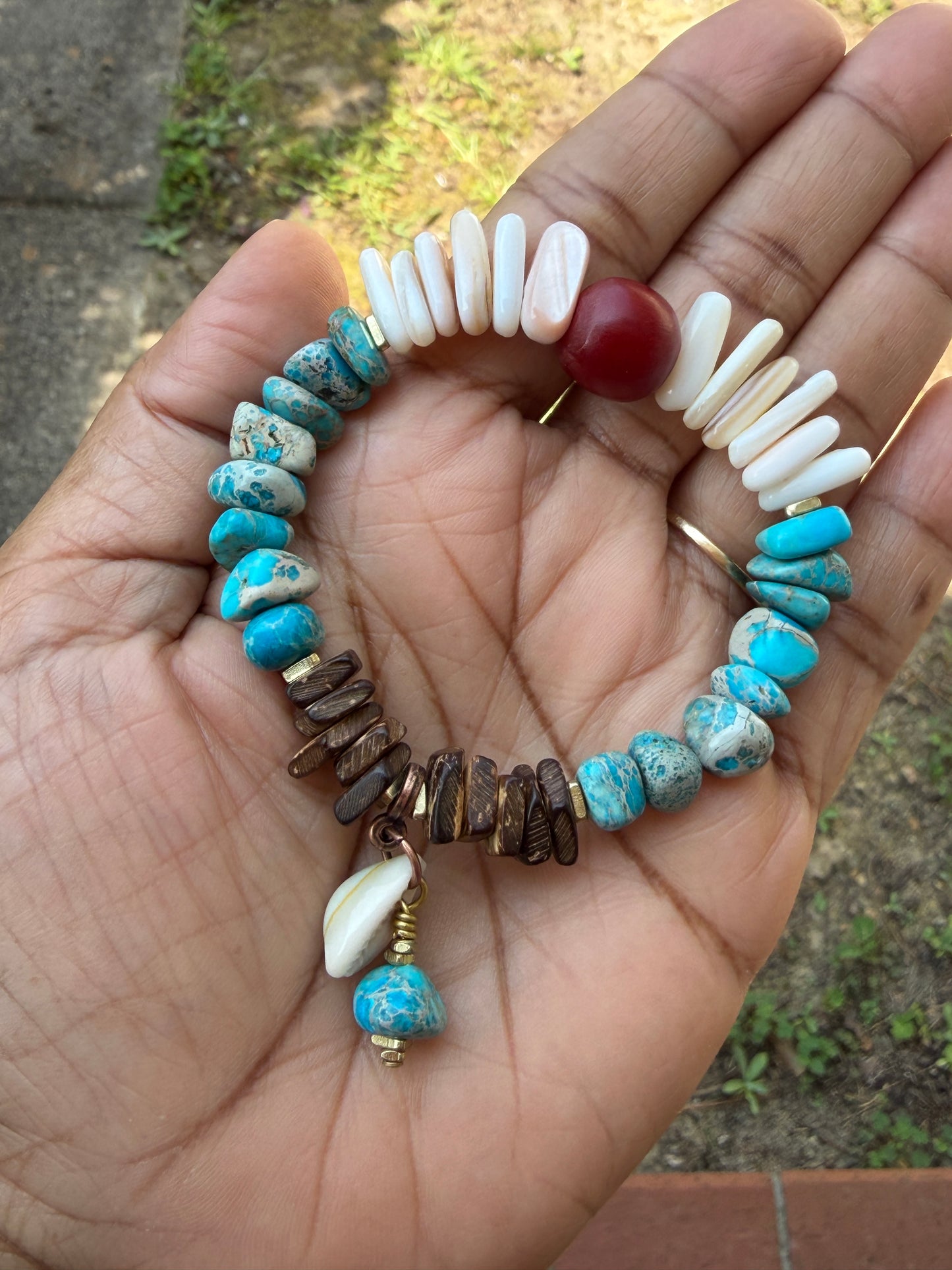 Natural Mussel Shell Bracelet – Aqua Sediment Jasper– Coastal Boho Stretch Jewelry