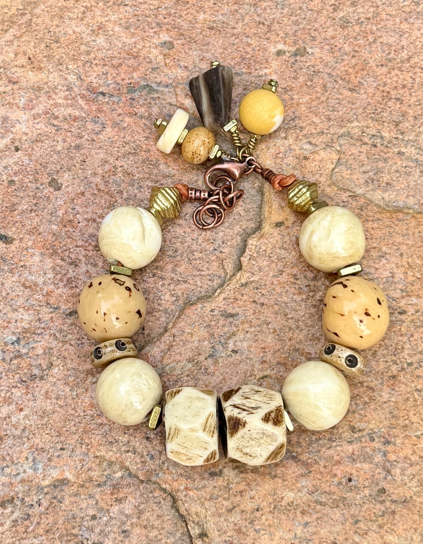 Tagua Seed Bead Bracelet: Naga Conch Shell, Bone & Brass