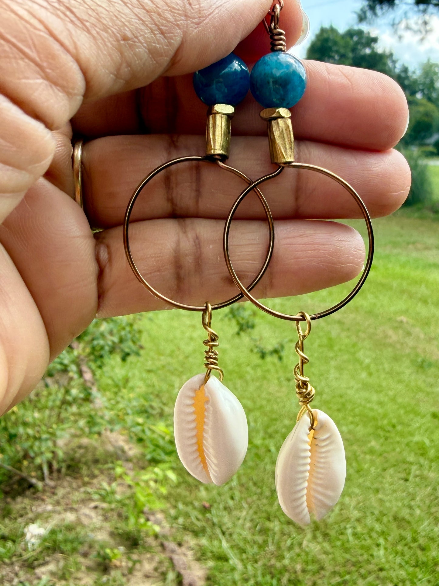 Bold Apatite Hoop Earrings • Cowrie Shell Charms • Fun Unique Beach Jewelry