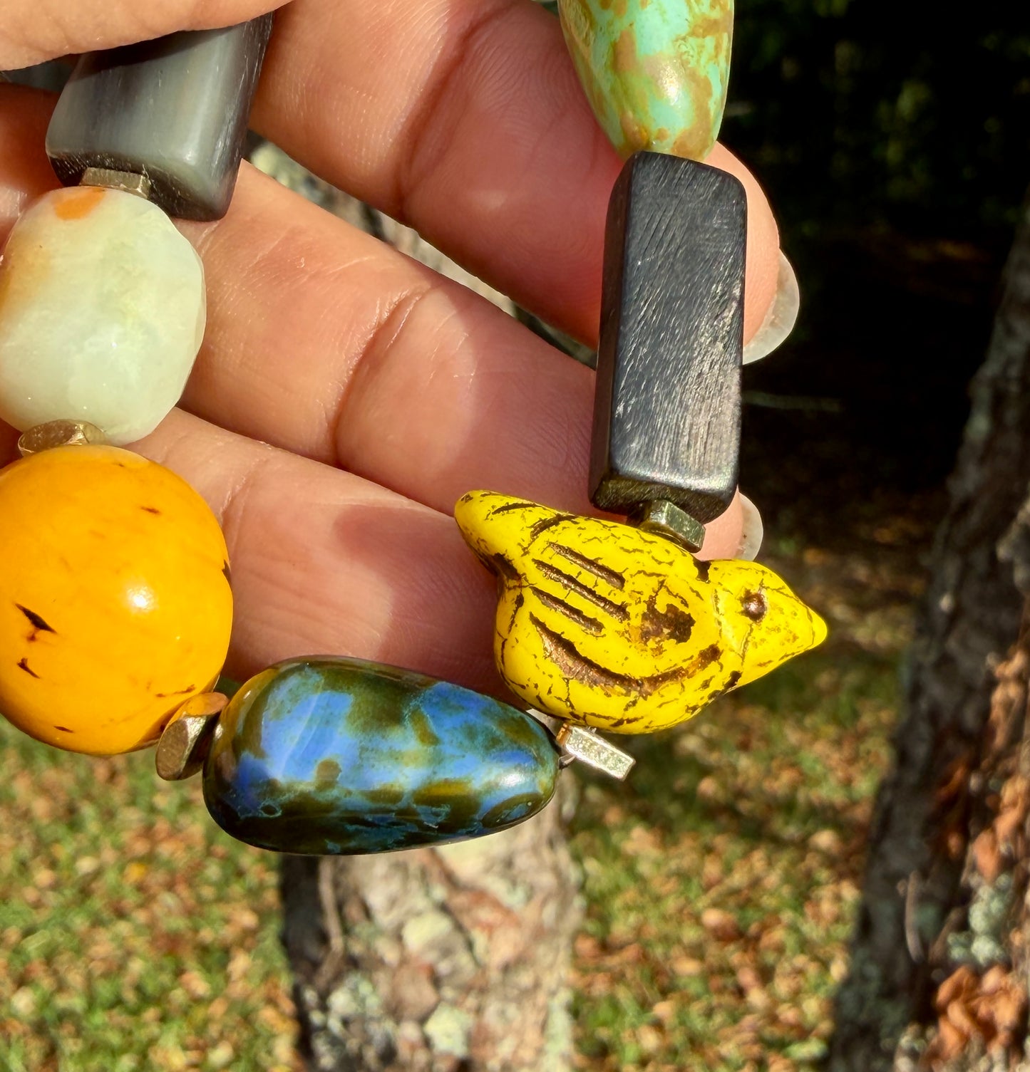 Boho Mixed Media Stretch Bracelet with Yellow Chirp