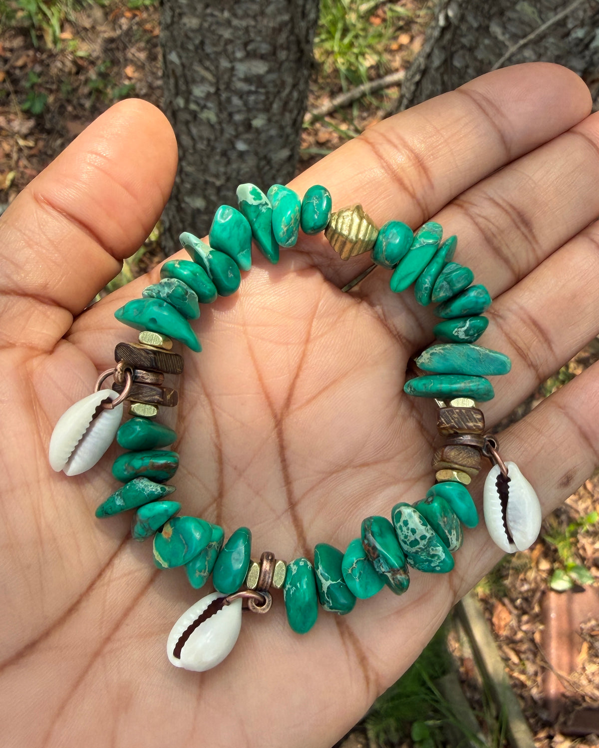 Beachy Green Aqua Sediment Jasper– Cowrie Shell Charm– Coastal Boho Stretch Bracelet