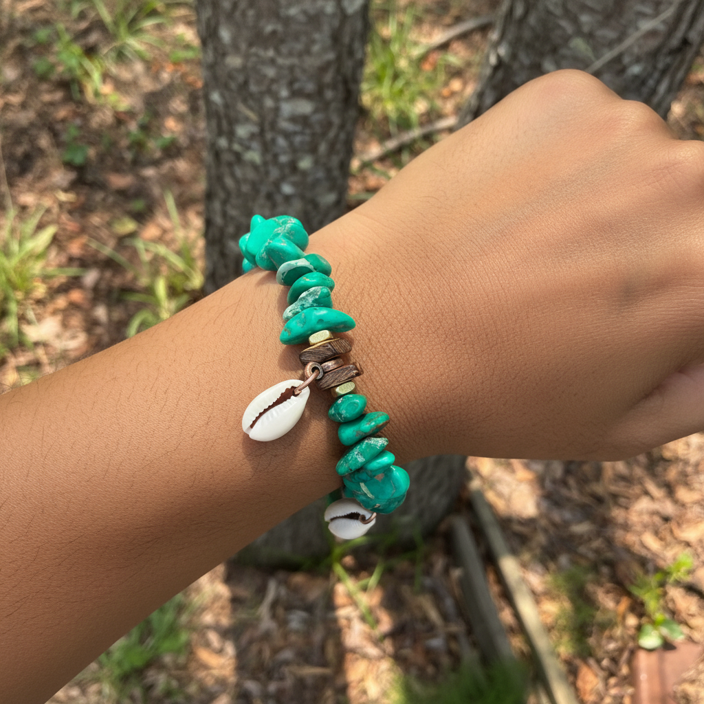 Beachy Green Aqua Sediment Jasper– Cowrie Shell Charm– Coastal Boho Stretch Bracelet