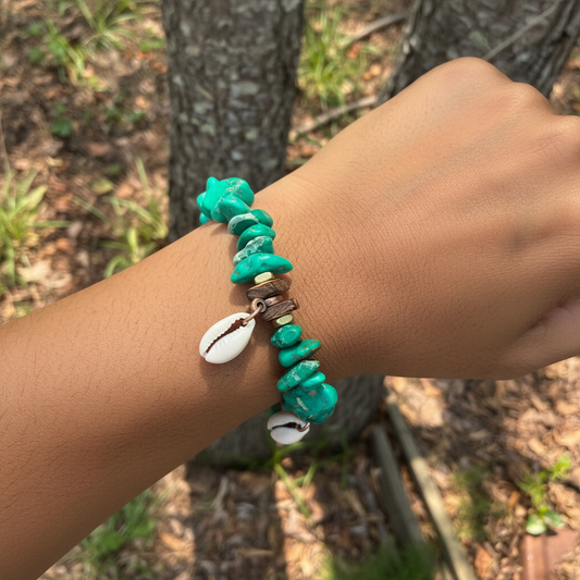 Beachy Green Aqua Sediment Jasper– Cowrie Shell Charm– Coastal Boho Stretch Bracelet