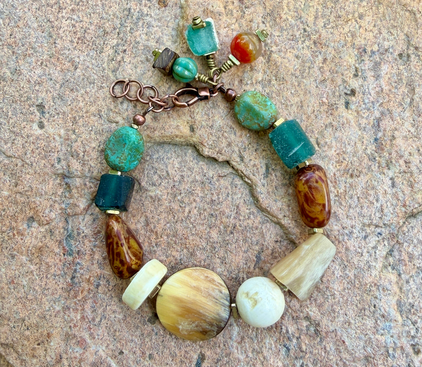 Boho Mixed Media Bracelets, Roman Glass, Lampwork Focal
