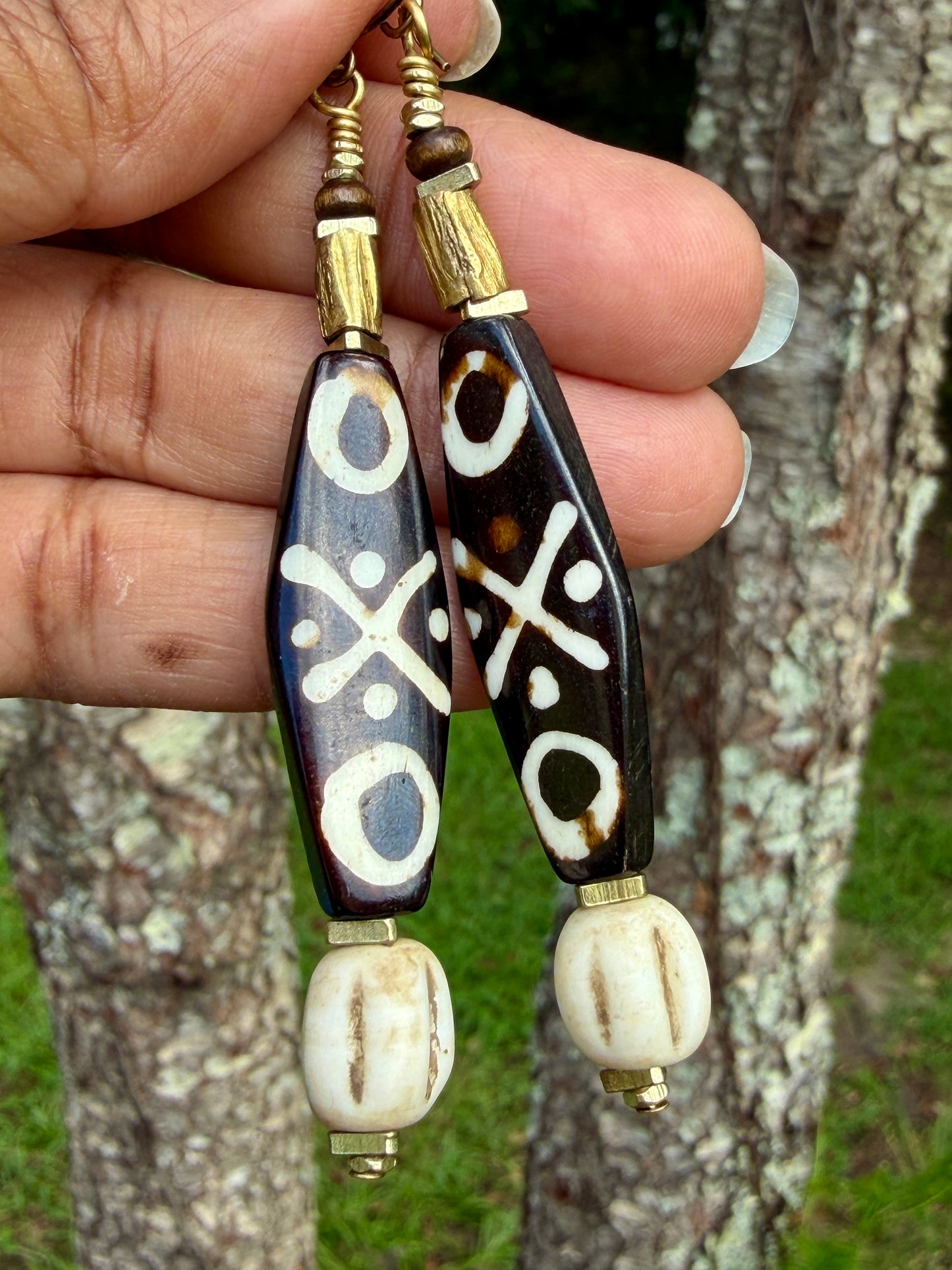 Bold Batik Bone Earrings • Tribal Inspired Mudbone Beads • Rustic Boho Dangles • Earthy Statement Earrings