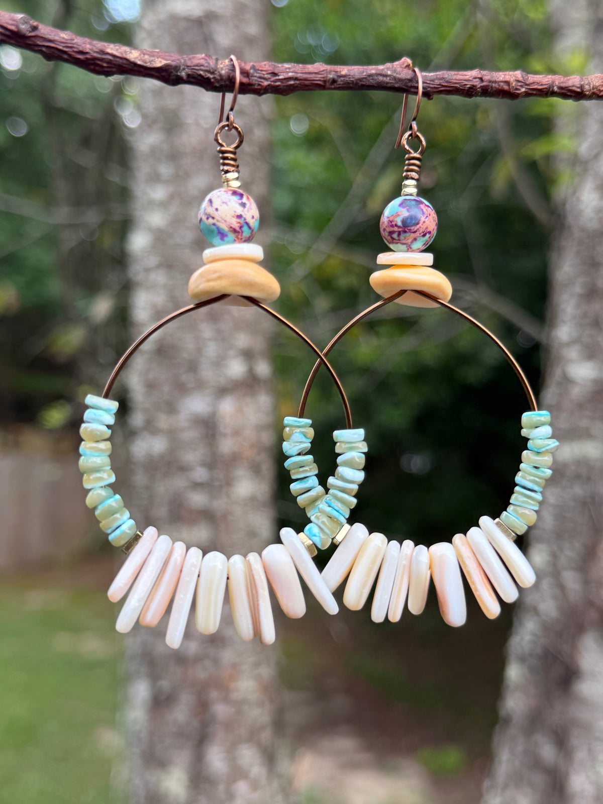 Sea Green Turbo Shell & Honey Shell Hoop Earrings • Natural Mussel Shell • Irregular Heishi • Sediment Jasper • Coastal Fall Vibes