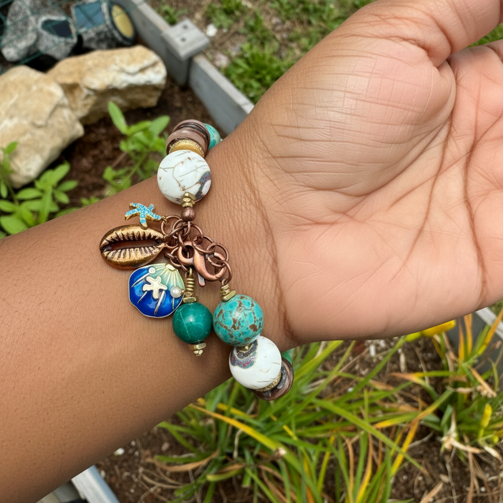 Boho Mixed Media Bracelet: Inlaid Naga Conch Shell, Turquoise Impression Jasper