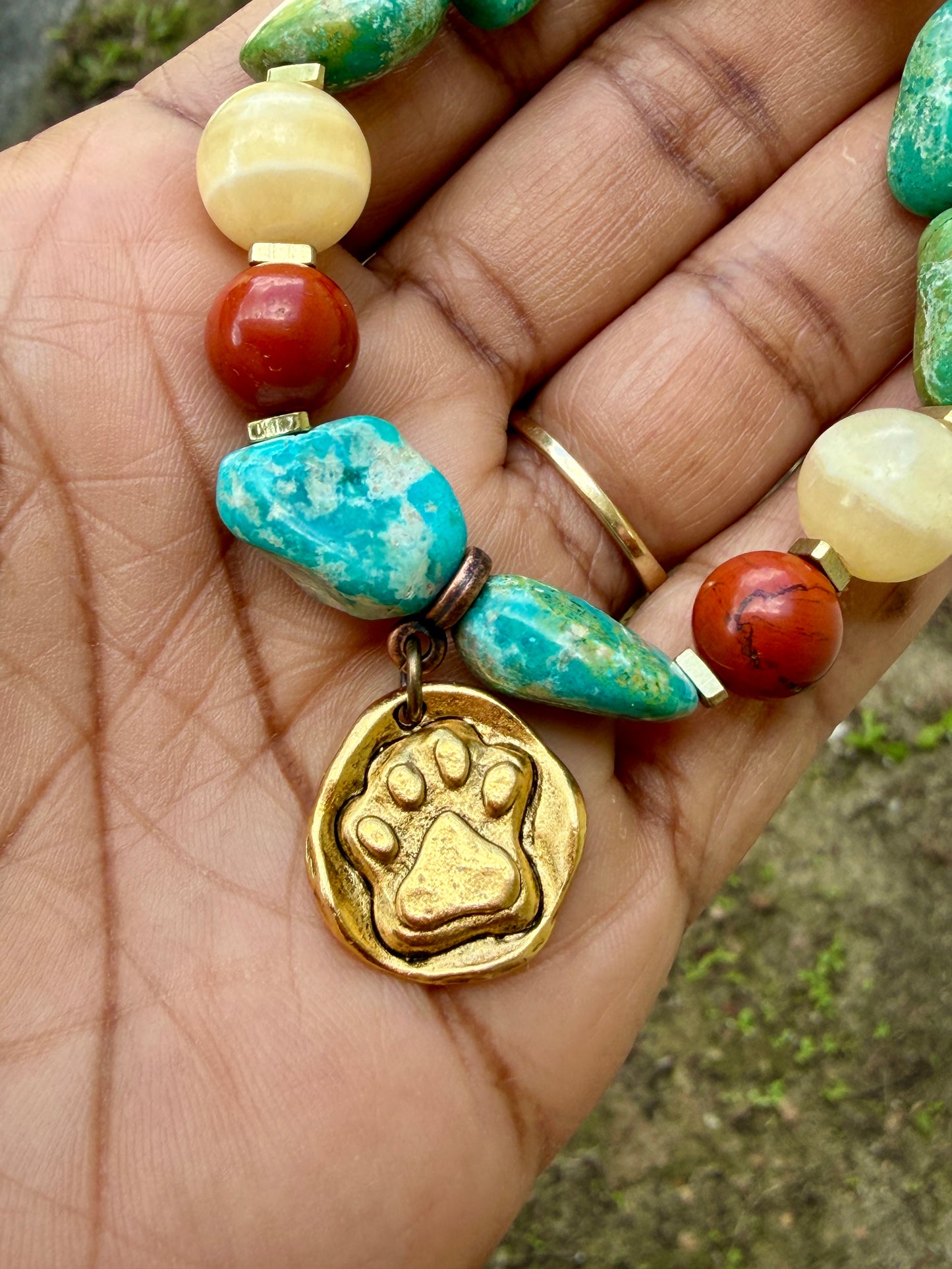 Gold Dog Paw Charm Bracelet • Turquoise Nuggets • Dog Lover Jewelry • Fur Baby Gift