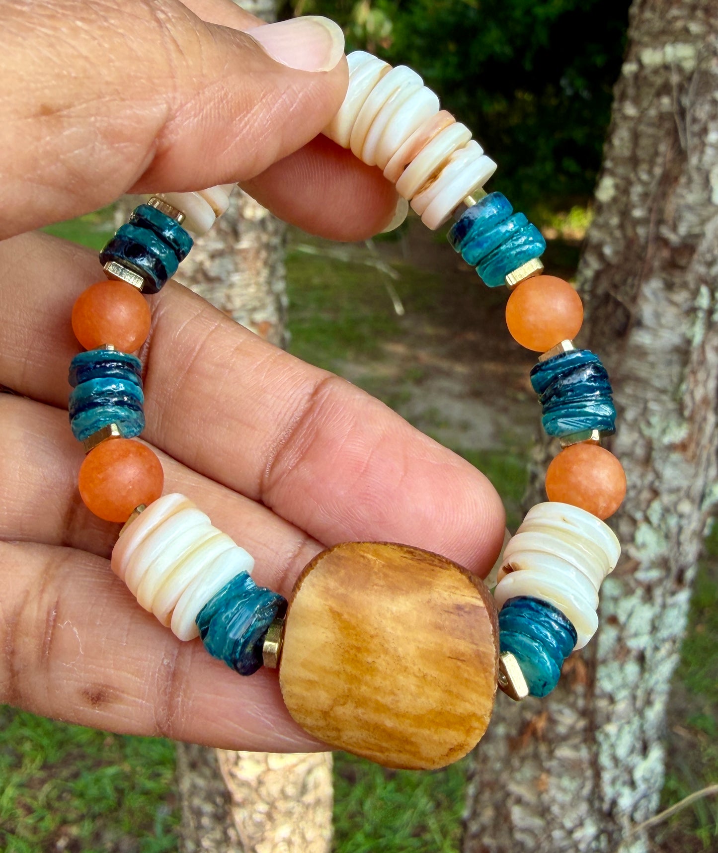 Coastal Papaya Aventurine & Shell Heishi Bracelet • Beachy Summer Jewelry