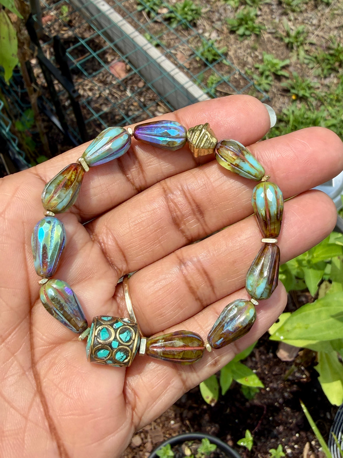 Mystic Marsh Drops • Inlaid Nepali Cylindrical Brass Bead Focal • Autumn Inspired Artisan Bracelet