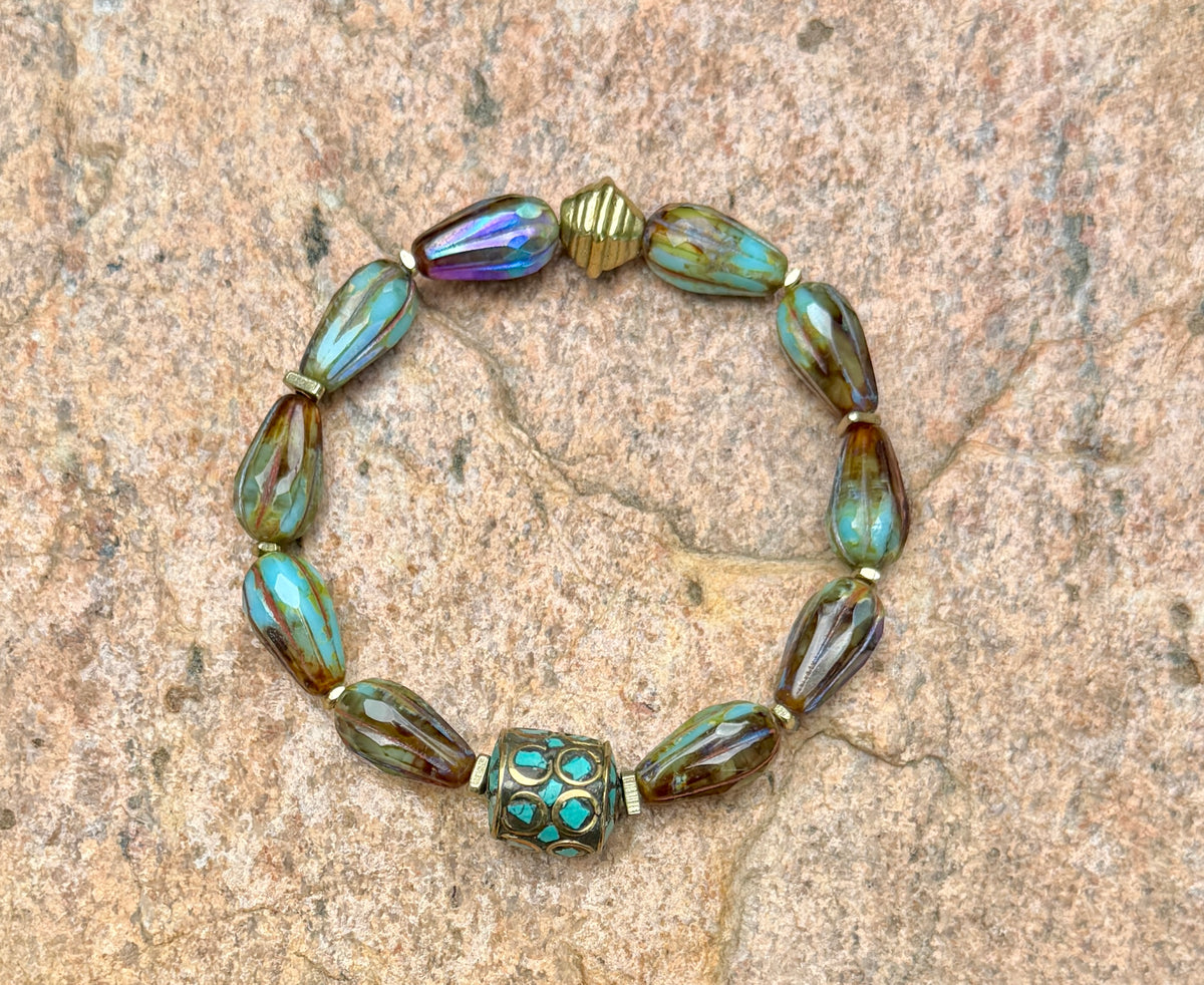 Mystic Marsh Drops • Inlaid Nepali Cylindrical Brass Bead Focal • Autumn Inspired Artisan Bracelet