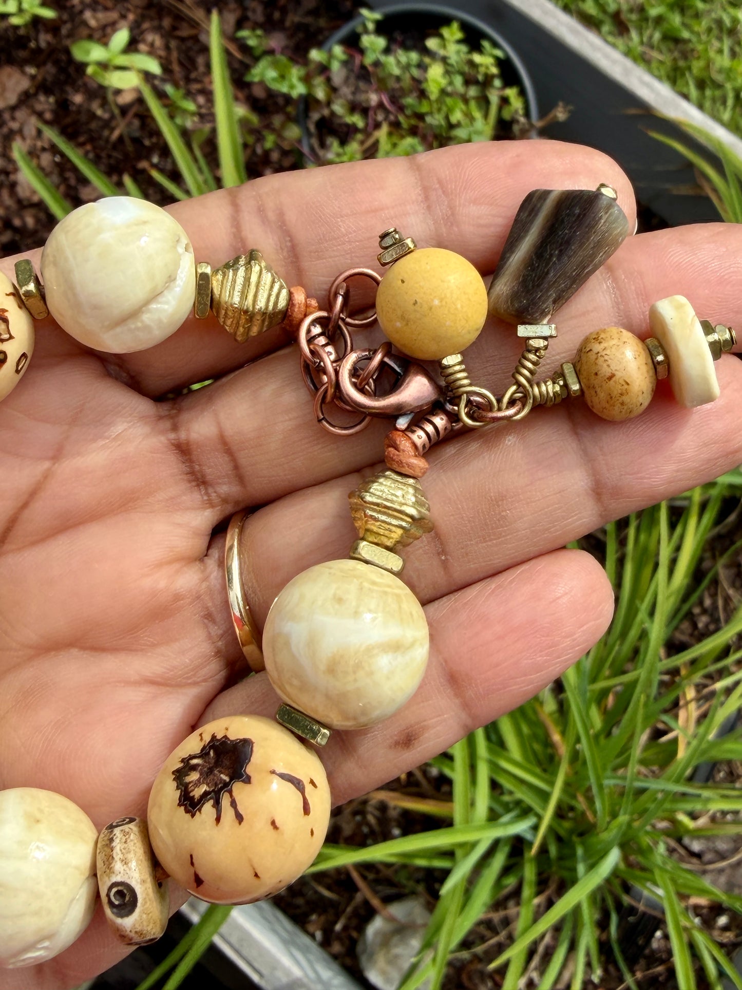 Tagua Seed Bead Bracelet: Naga Conch Shell, Bone & Brass