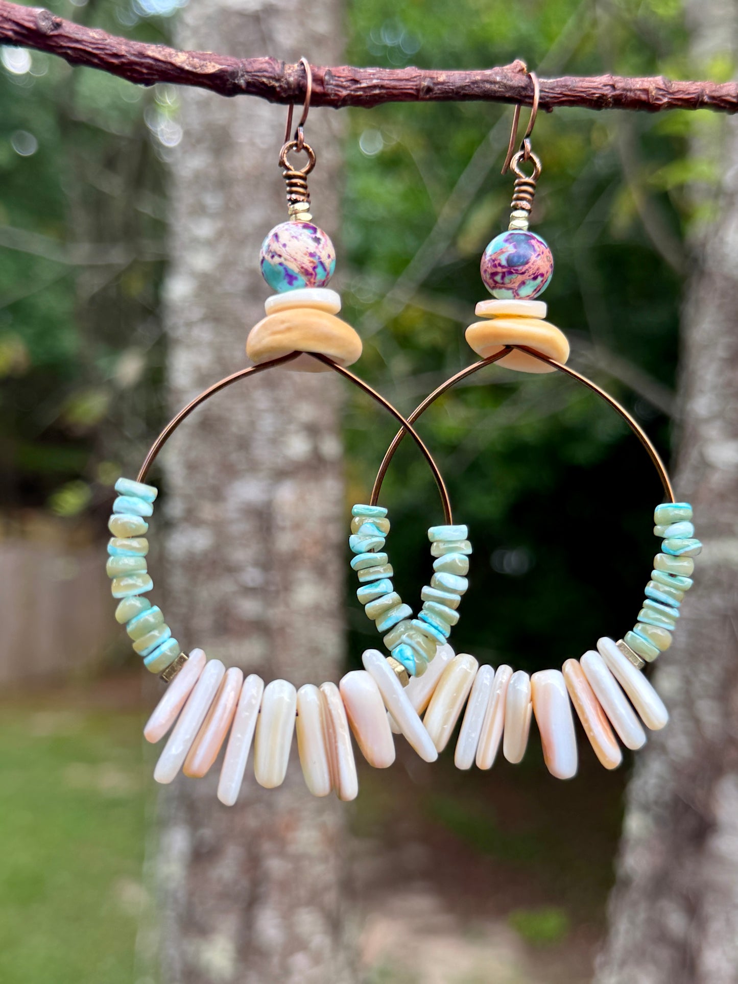 Sea Green Turbo Shell & Honey Shell Hoop Earrings • Natural Mussel Shell • Irregular Heishi • Sediment Jasper • Coastal Fall Vibes
