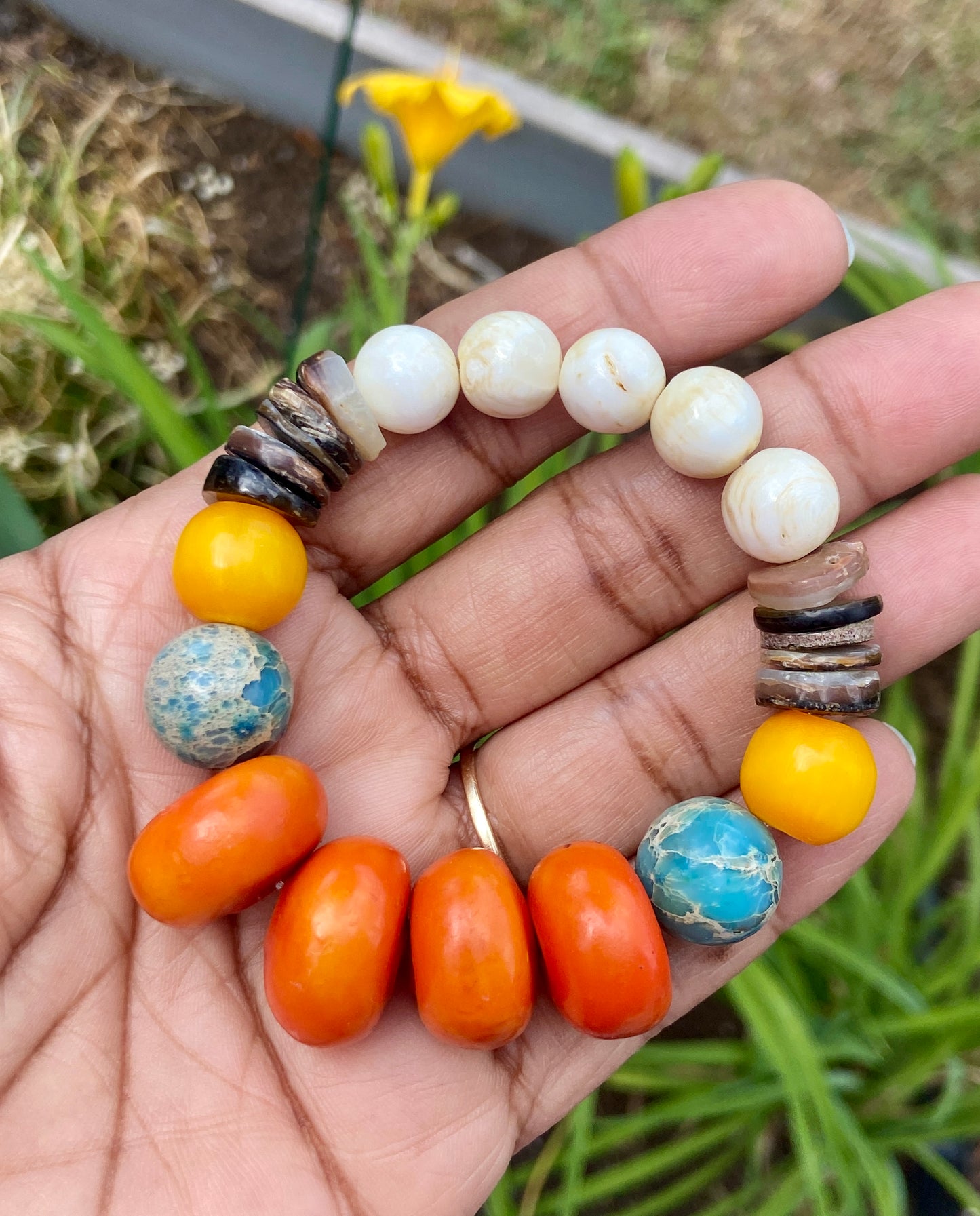 Boho Tribal Bracelet • Moroccan Mango Resin • Naga Shell • Kenyan Amber • Turquoise Impression Jasper