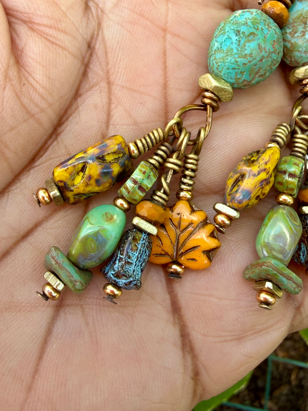 Golden Maple Leaf Earrings • Turquoise Autumn Dangles