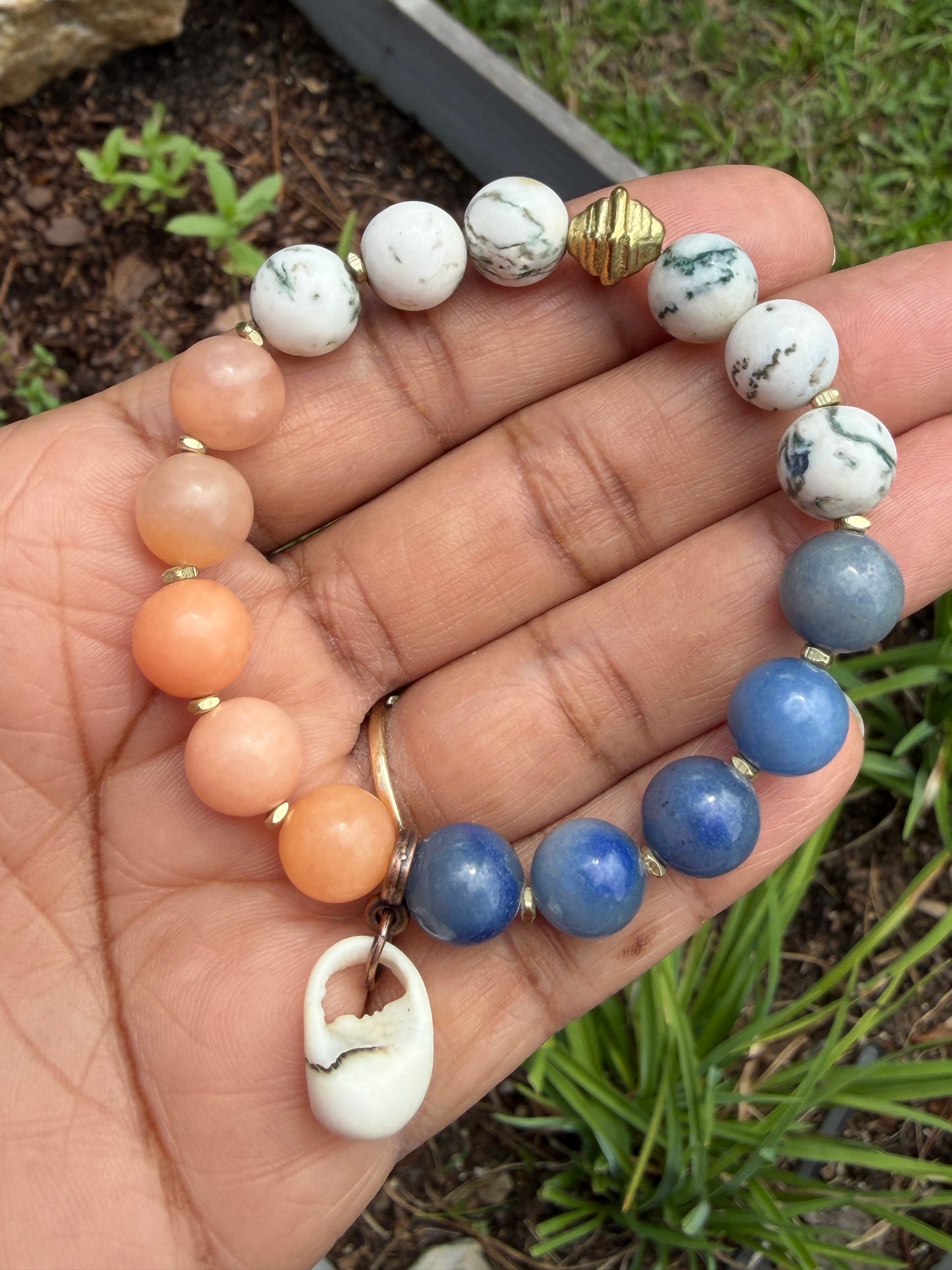 Beach Vibes Bracelet: Natural Shell and Pink and Blue Aventurine, Tree Agate Gemstones