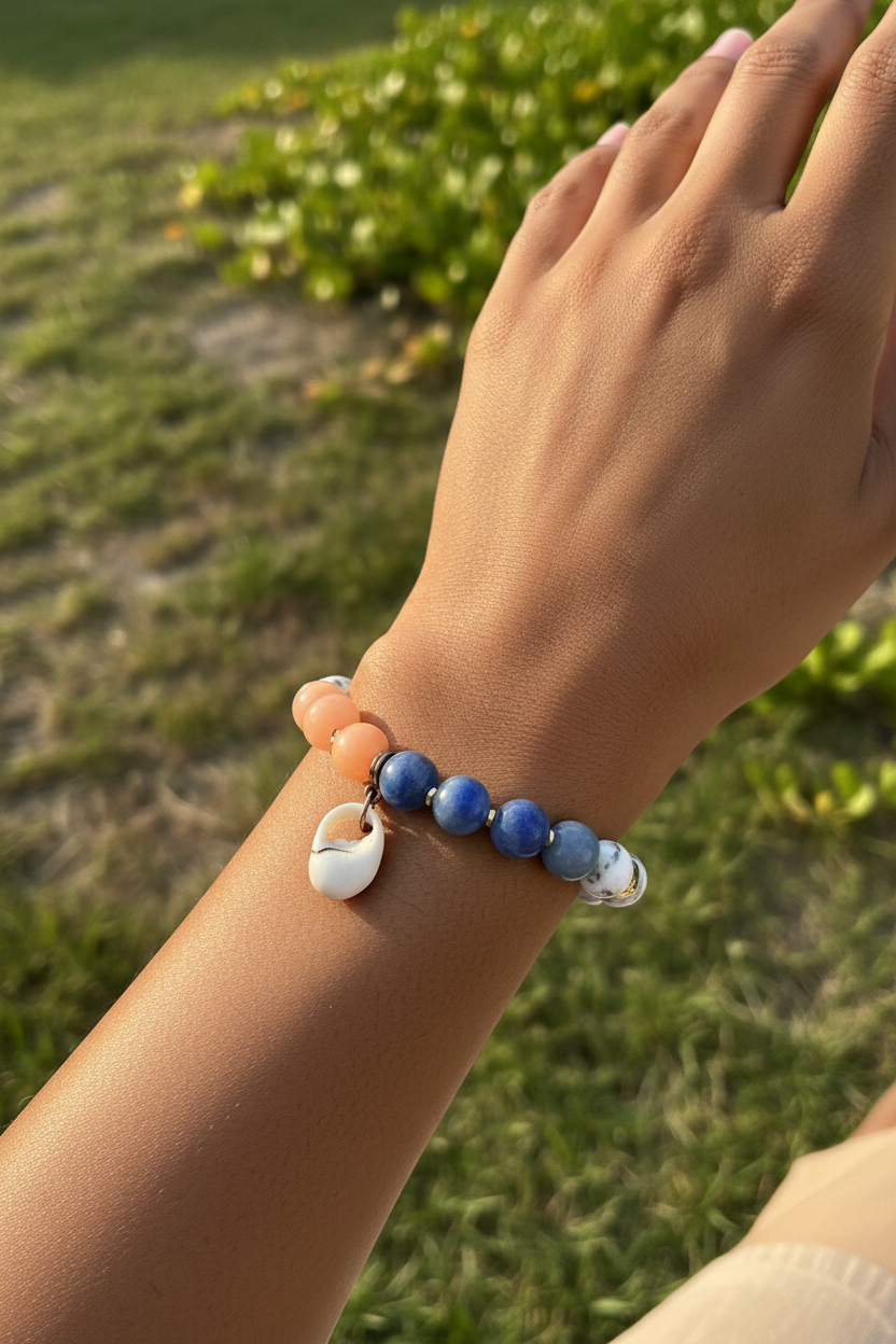 Beach Vibes Bracelet: Natural Shell and Pink and Blue Aventurine, Tree Agate Gemstones
