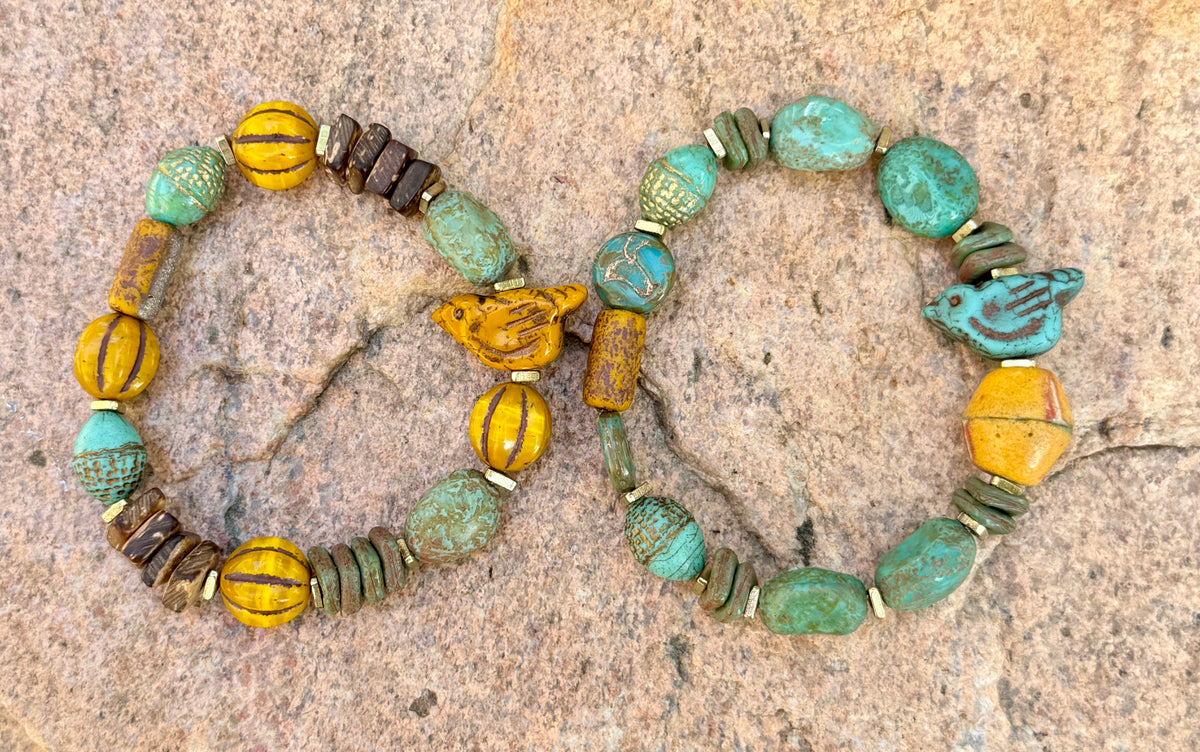 Turquoise Ancient Stone Bracelet • Mystic Chirp Focal • Rustic Coconut Wood • Nature Inspired Artisan Jewelry