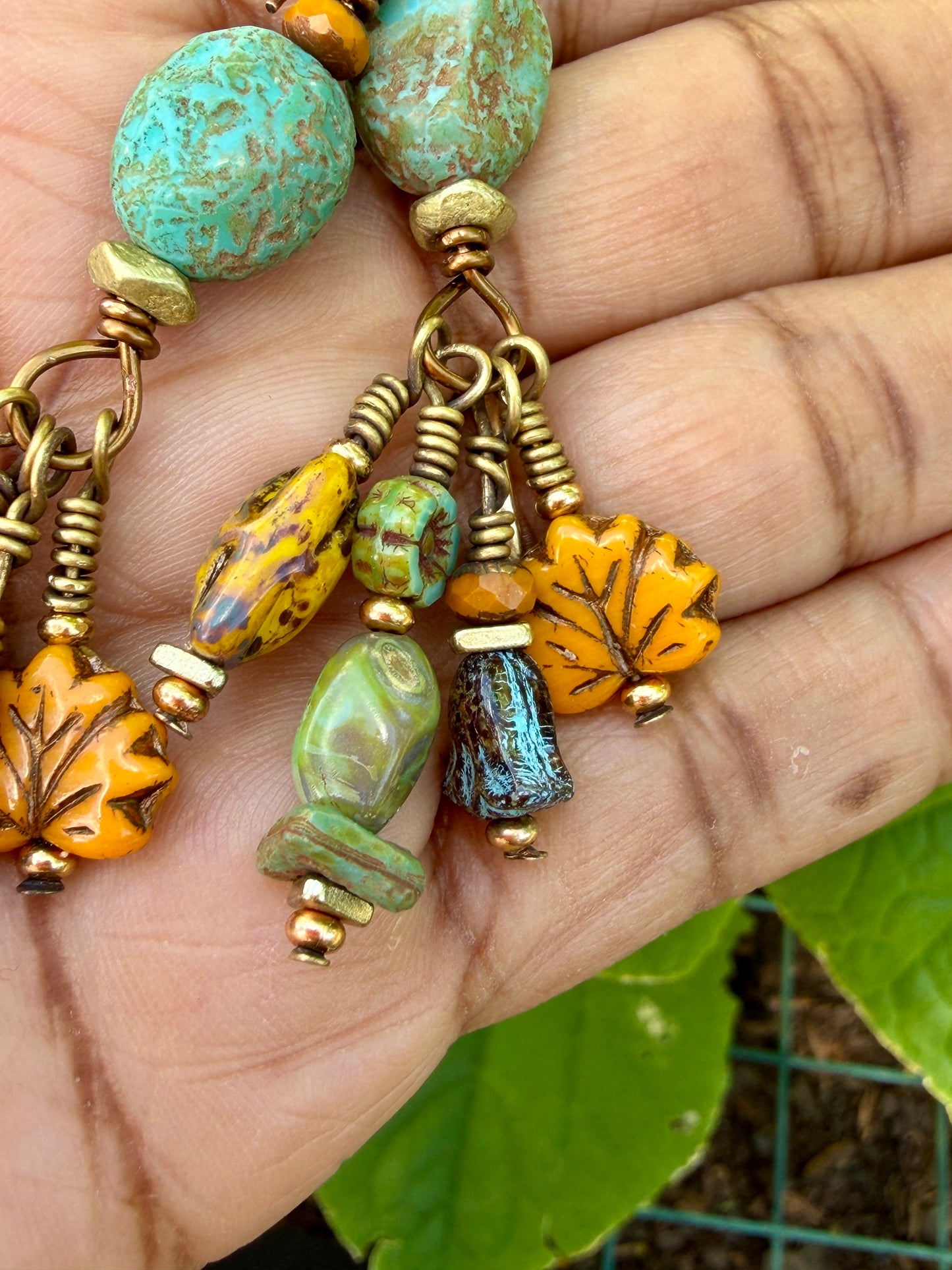 Golden Maple Leaf Earrings • Turquoise Autumn Dangles