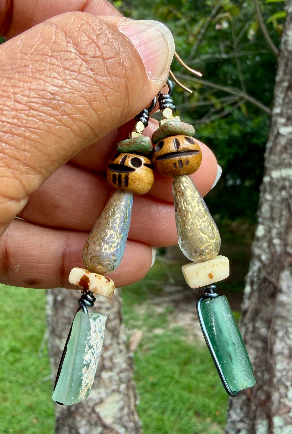 Earthy Skull Dangle Earrings • Roman Glass & Turquoise Mix • Autumn & Halloween Vibes