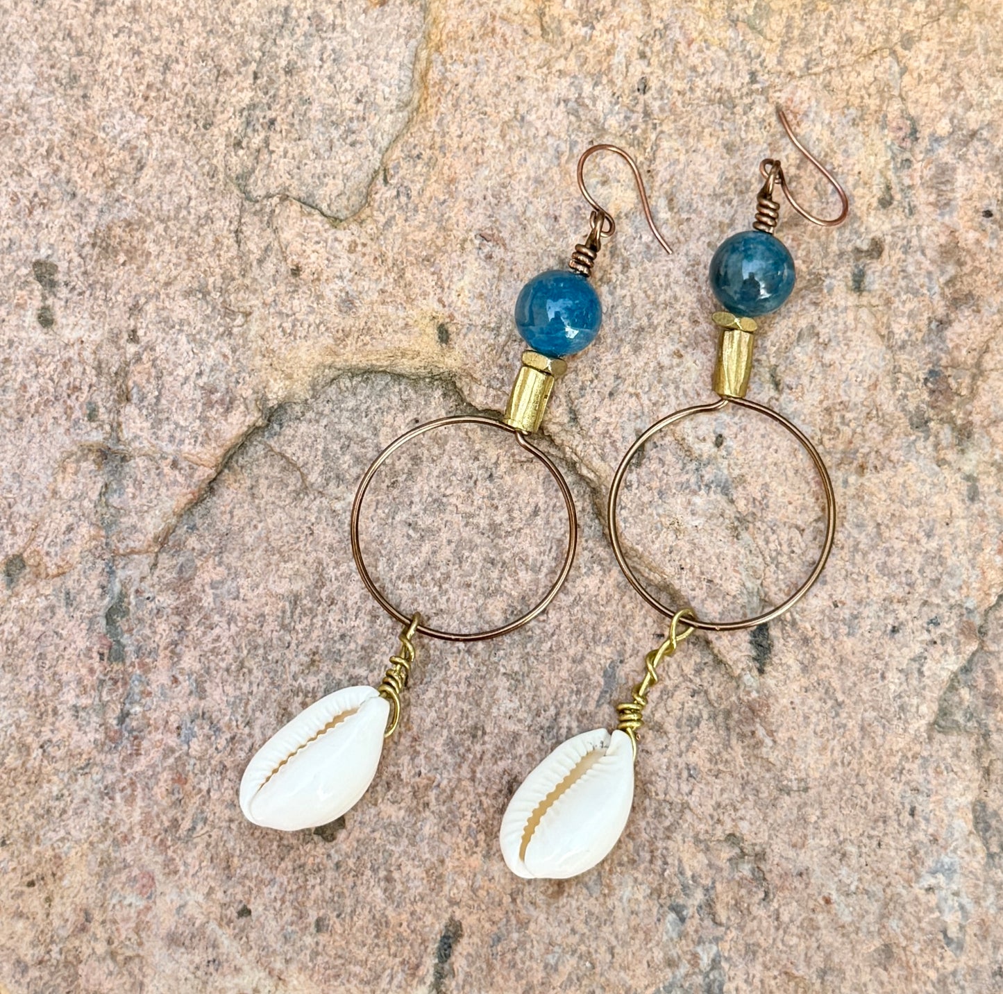Bold Apatite Hoop Earrings • Cowrie Shell Charms • Fun Unique Beach Jewelry