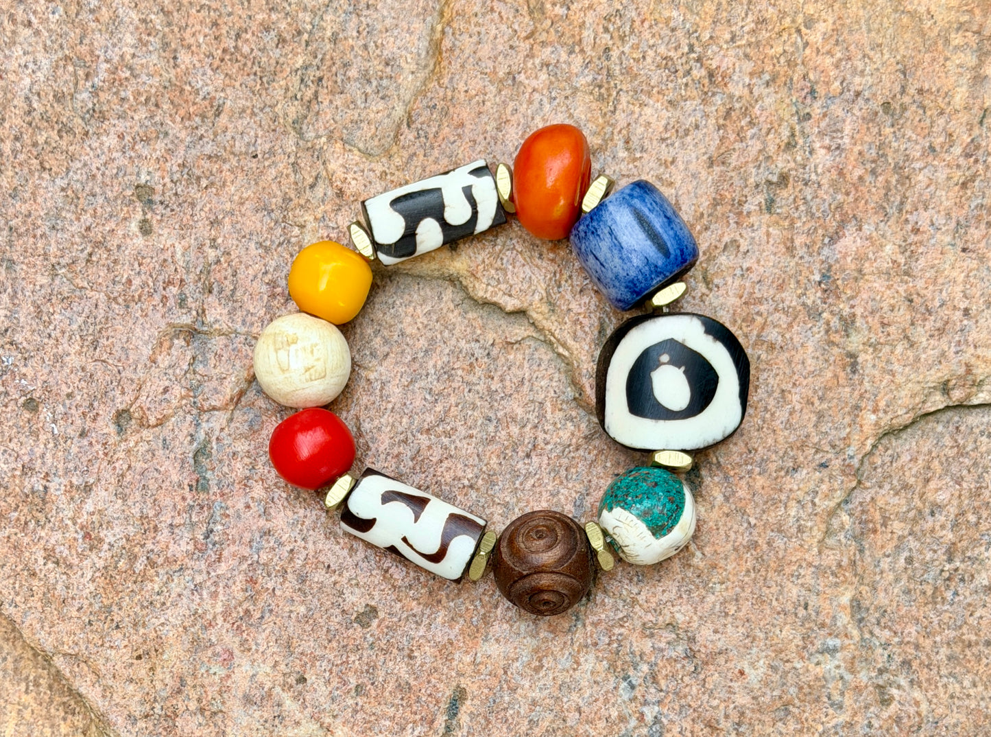 Boho Mix Media Bracelet — Colorful Agate, Kenyan Resin & Blue Bone Beads