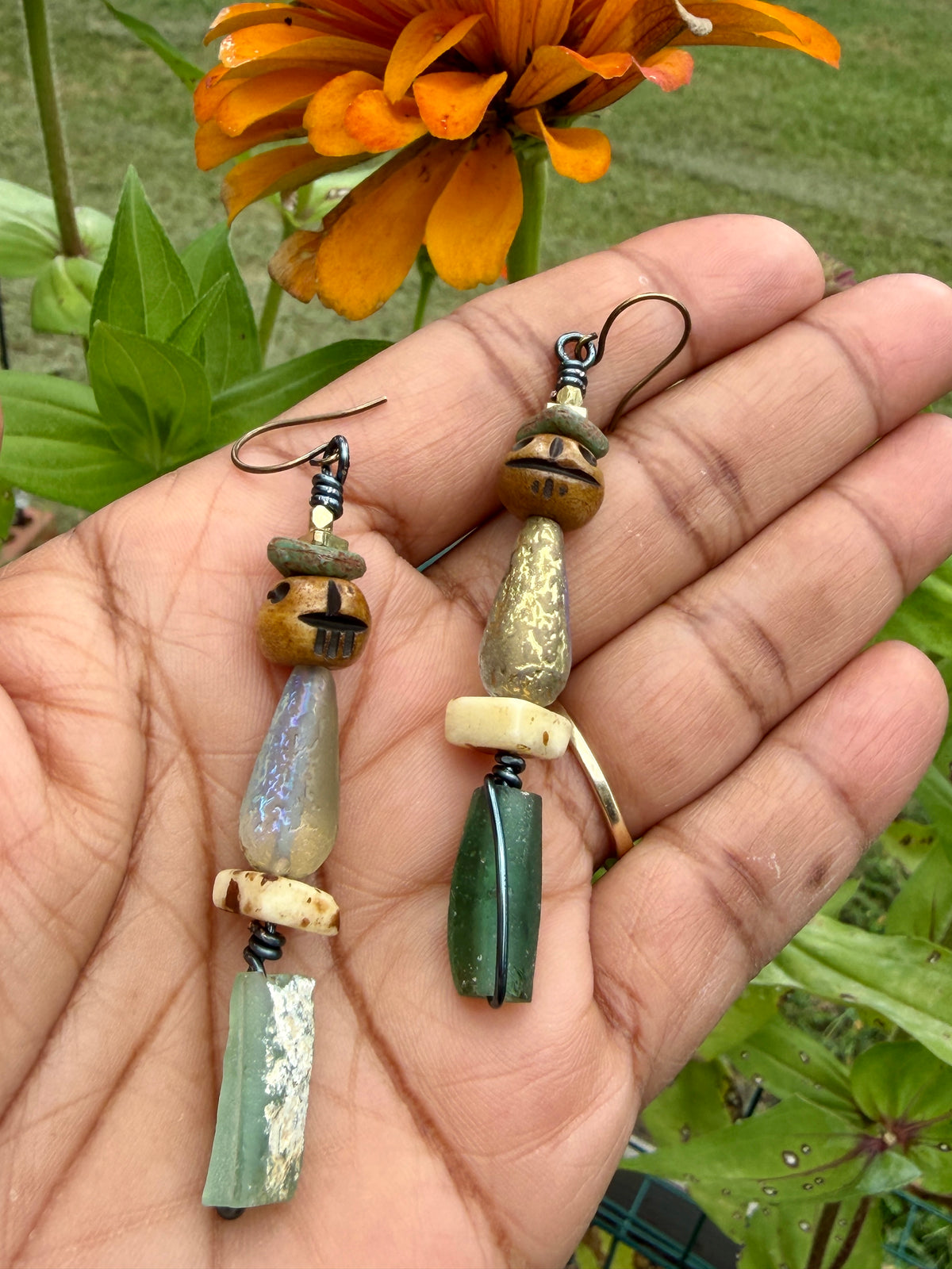 Earthy Skull Dangle Earrings • Roman Glass & Turquoise Mix • Autumn & Halloween Vibes
