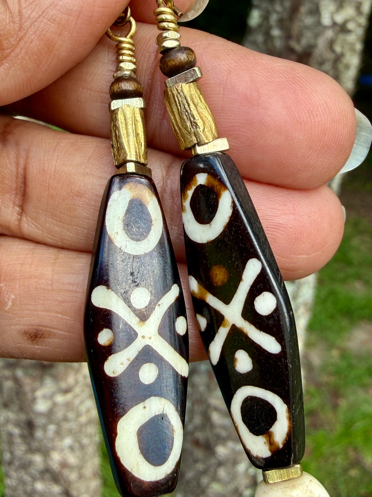 Bold Batik Bone Earrings • Tribal Inspired Mudbone Beads • Rustic Boho Dangles • Earthy Statement Earrings