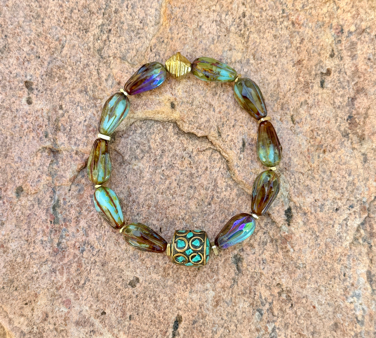 Mystic Marsh Drops • Inlaid Nepali Cylindrical Brass Bead Focal • Autumn Inspired Artisan Bracelet